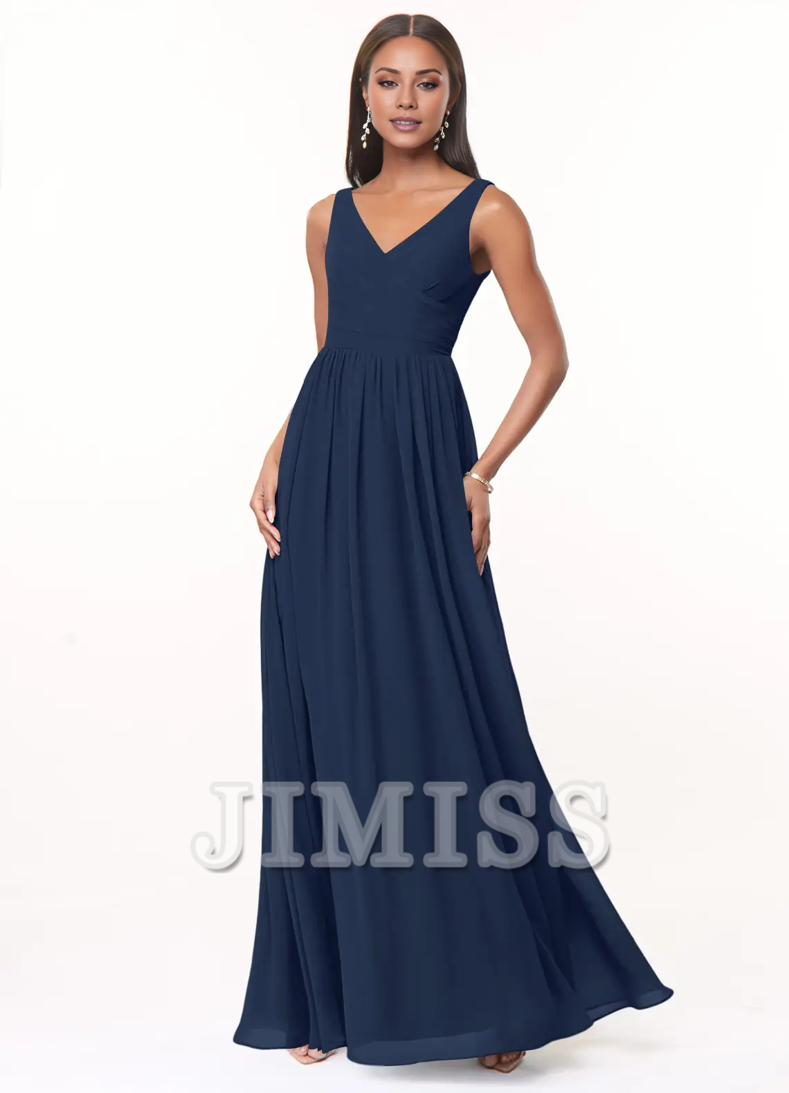 Vestido de dama de honor de gasa plisada con escote en V y corte A hasta el suelo - Vestido Jimiss 