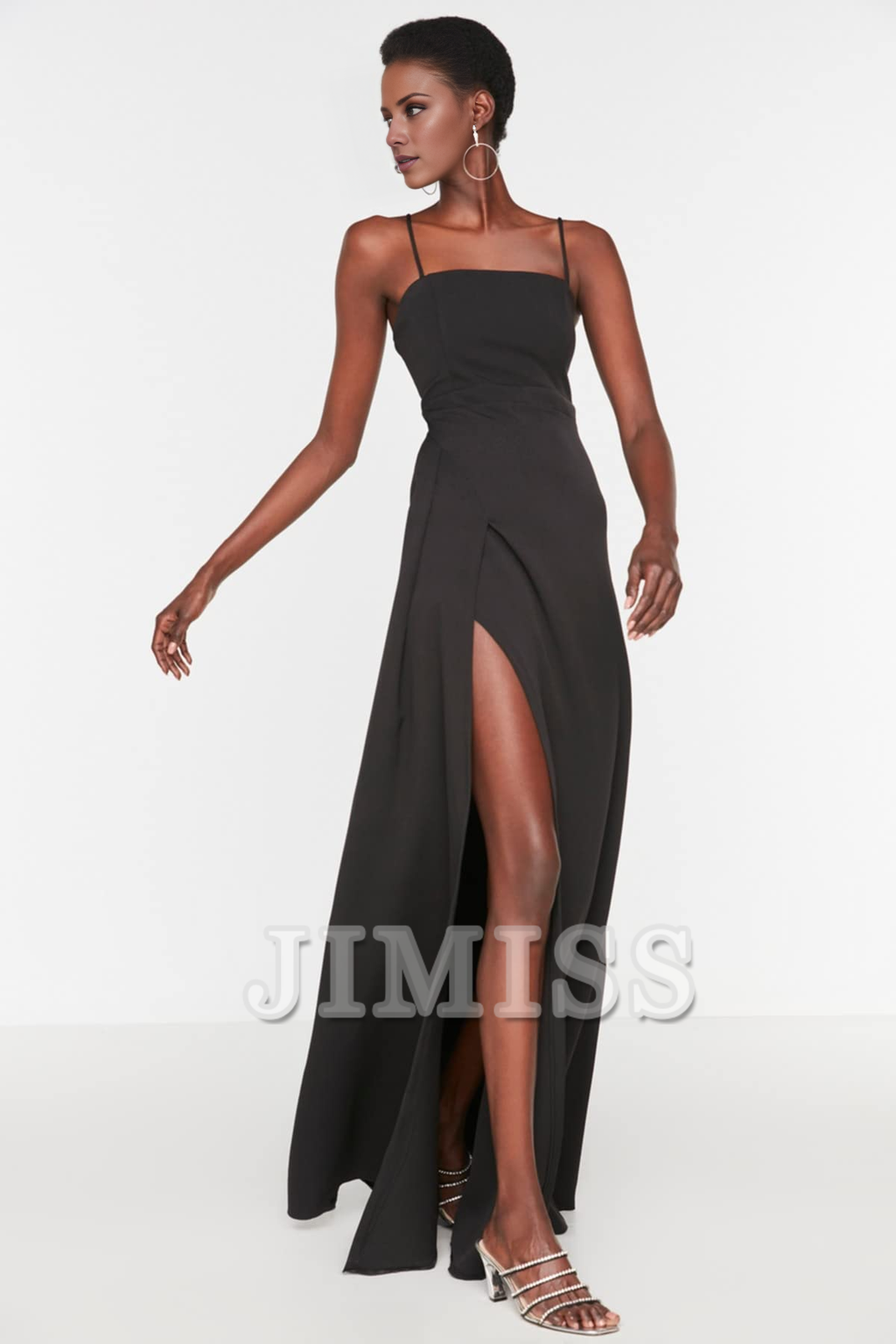 Burgundy Crepe A-Line Floor-Length Dress with Straight Neck and High Slit