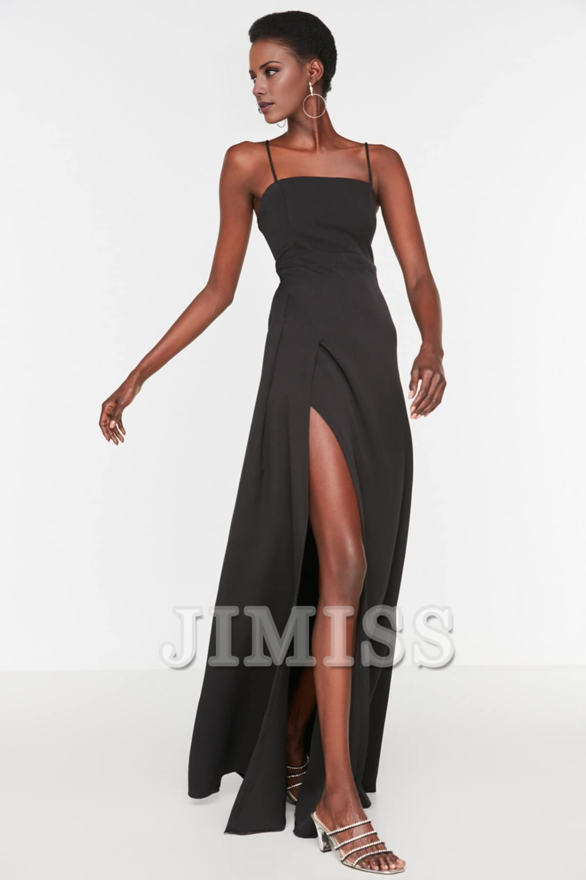 Burgundy Crepe A-Line Floor-Length Dress with Straight Neck and High Slit