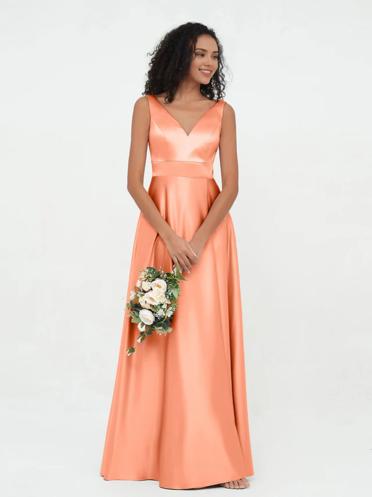 Olive Green Satin V-Neck A-Line Floor-Length Bridesmaid Dress