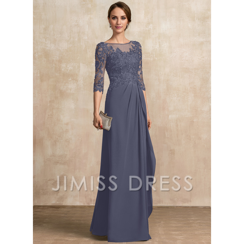 Jimiss A-shaped Scoop Illusion floor mopping chiffon lace ribbon bead sequins layered ruffles mother of the bride dress