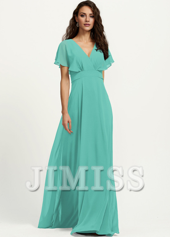 Abito da damigella d'onore in chiffon lungo fino al pavimento, con scollo a V e linea ad A