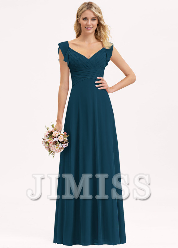 Vestido de dama de honor de gasa con escote en V estilo imperio, volantes en capas y bajo