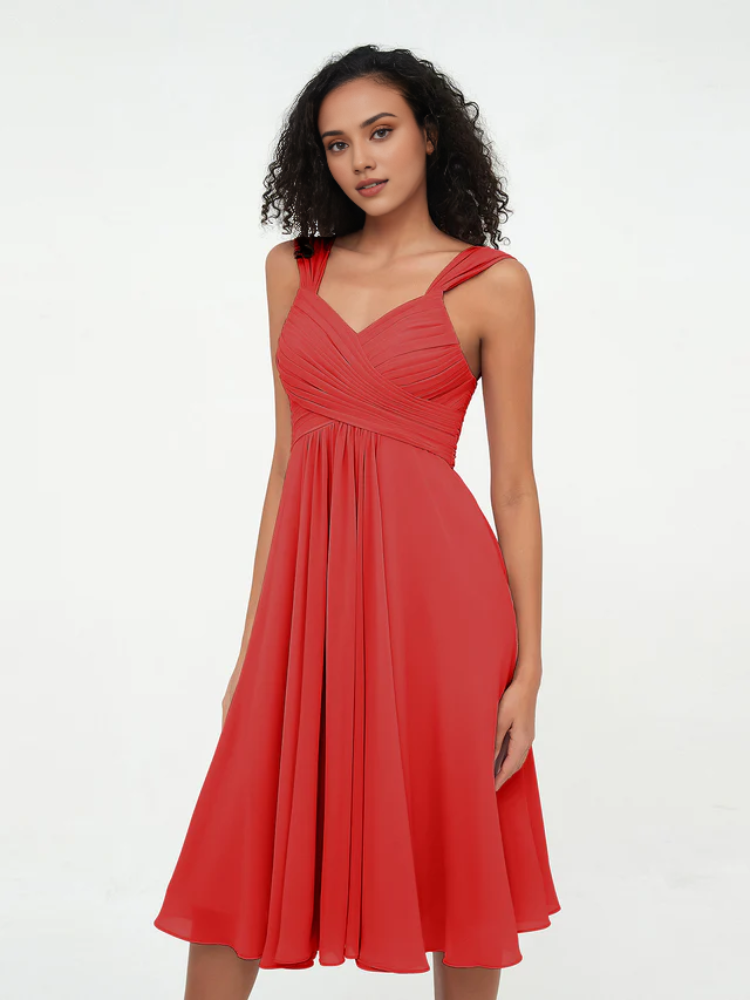 Sage Green Pleated Chiffon A-Line Knee-Length Dress