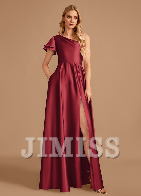 Abito da damigella d'onore in raso, monospalla, lungo fino a terra, a trapezio