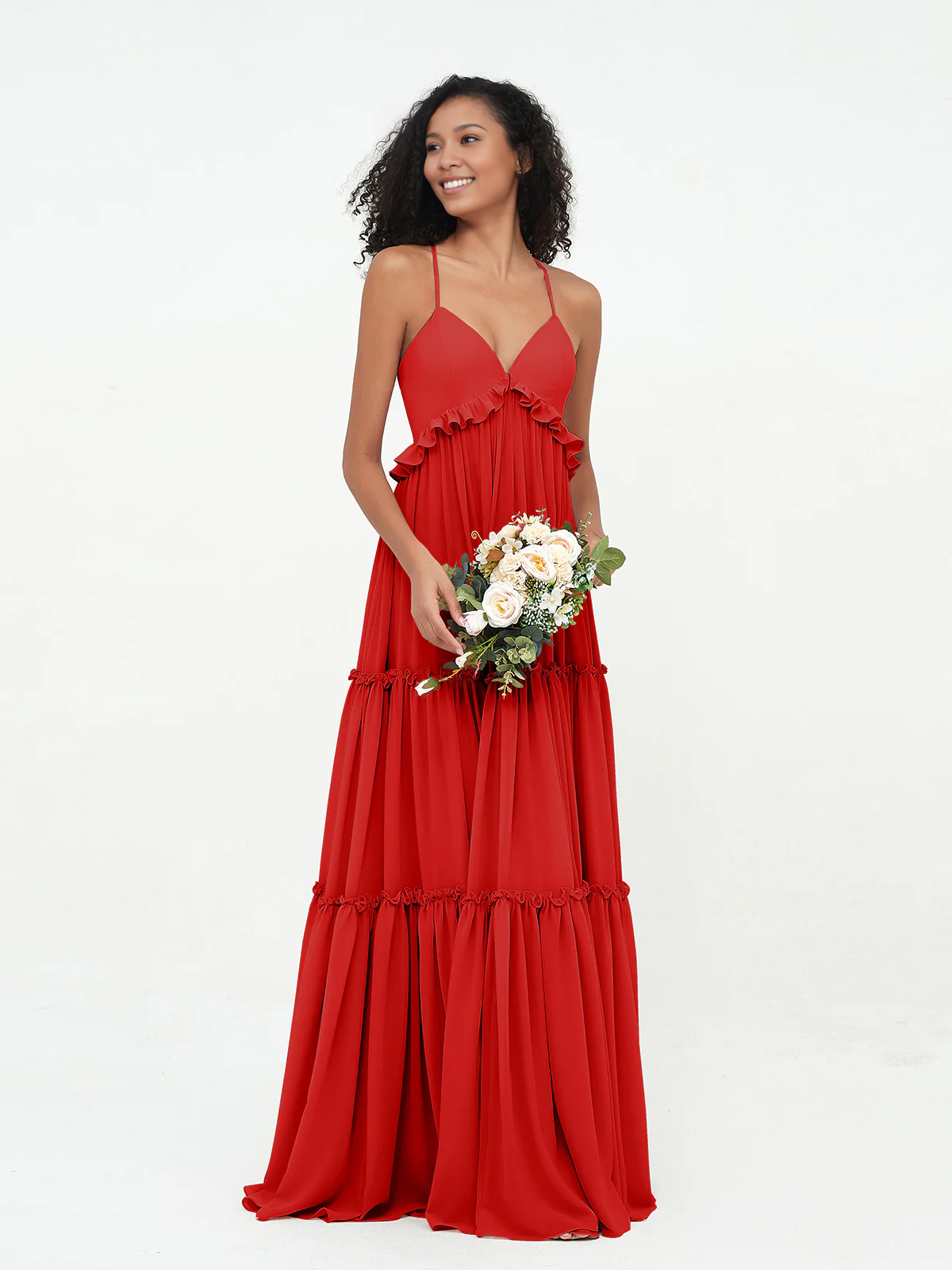 Sage Green Chiffon Tiered Floor-Length Dress with V-Neck and Ruffle Trim