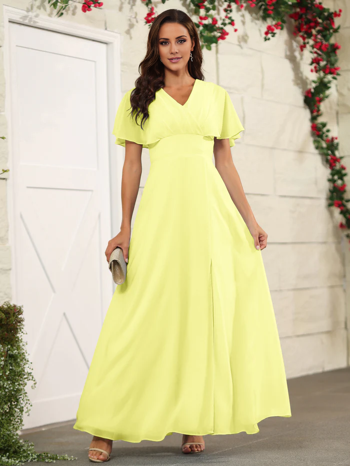 Chiffon short sleeved V-neck slit and floor length bridesmaid dress