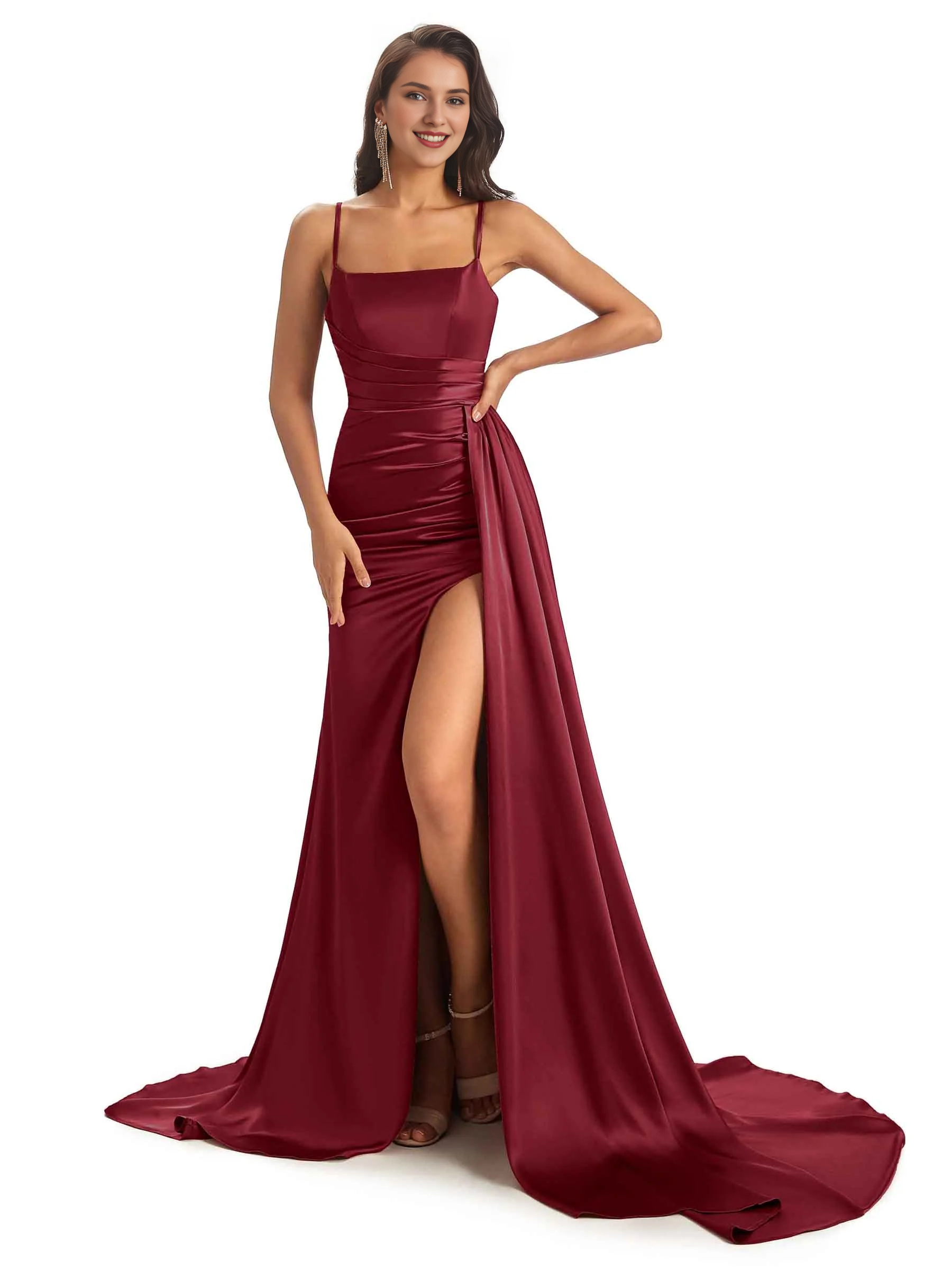 Sexy and soft satin side slit thin shoulder strap long fish tail bridesmaid dress