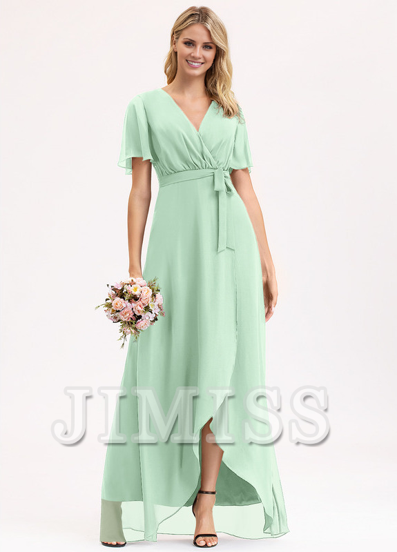 A-line V-neck asymmetric bow pleated chiffon bridesmaid dress