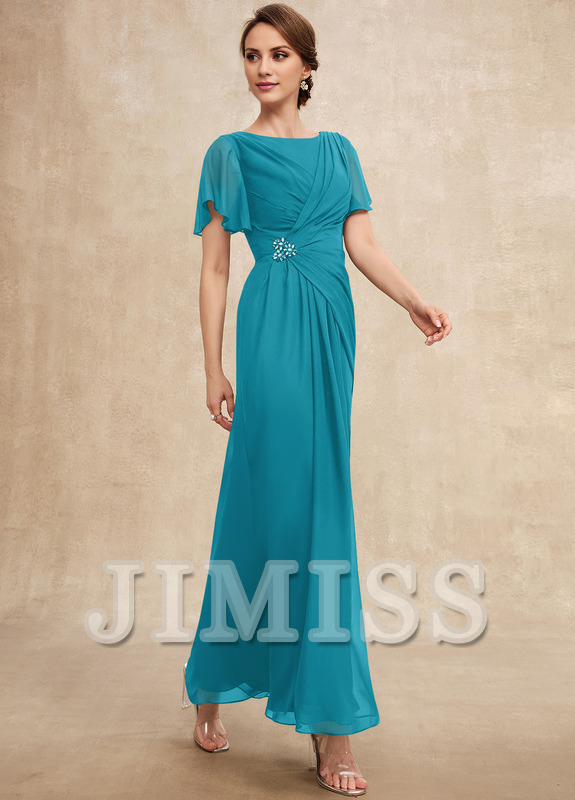 Vestido de gasa para madre de la novia, de corte A, plisado, con cuentas y escote pronunciado hasta los tobillos