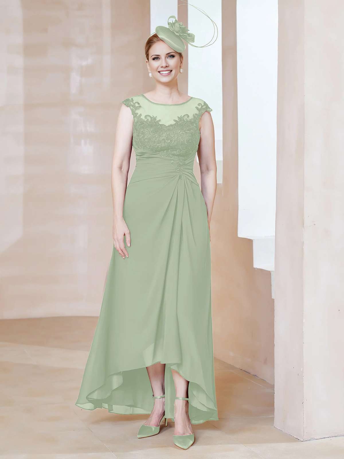 Burgundy Chiffon A-Line Asymmetrical Illusion Neck Dress with Lace Bodice
