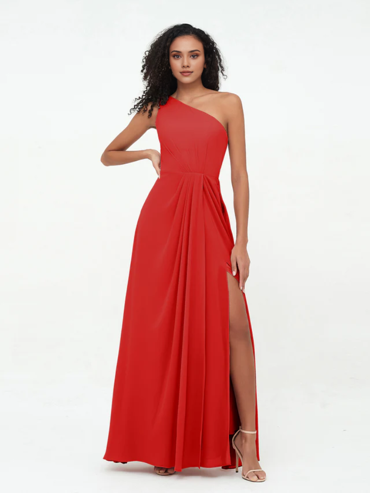 Olive Green Chiffon A-Line Floor-Length One Shoulder Dress with Draped Bodice and High Slit