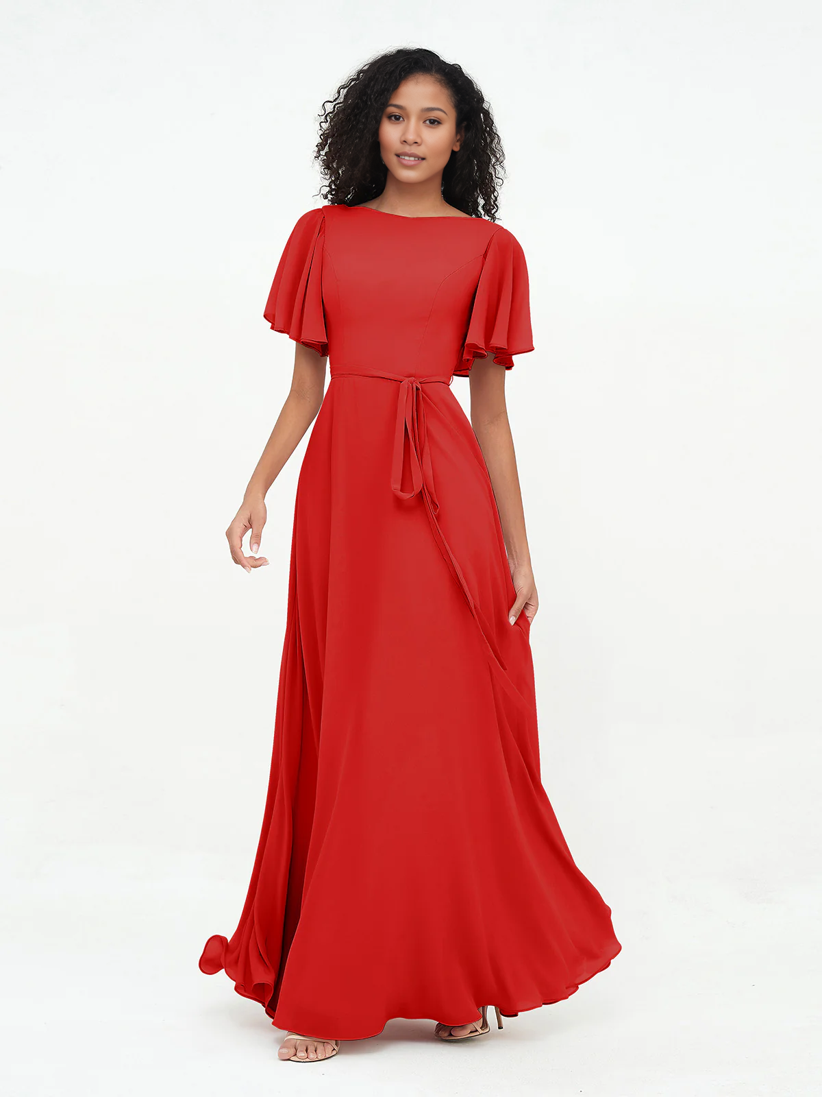 Dark Navy Chiffon A-Line Floor-Length Bridesmaid Dress with Flutter Sleeves & Tie Waist