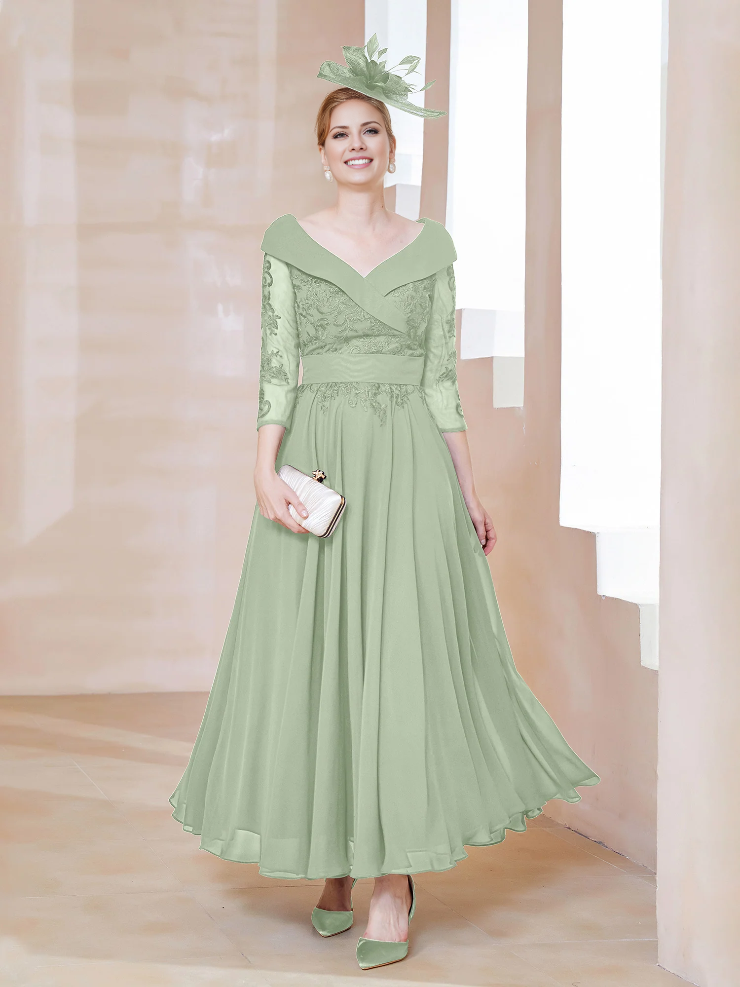 Dark Navy Chiffon A-Line Ankle-Length Off-the-Shoulder Evening Dress