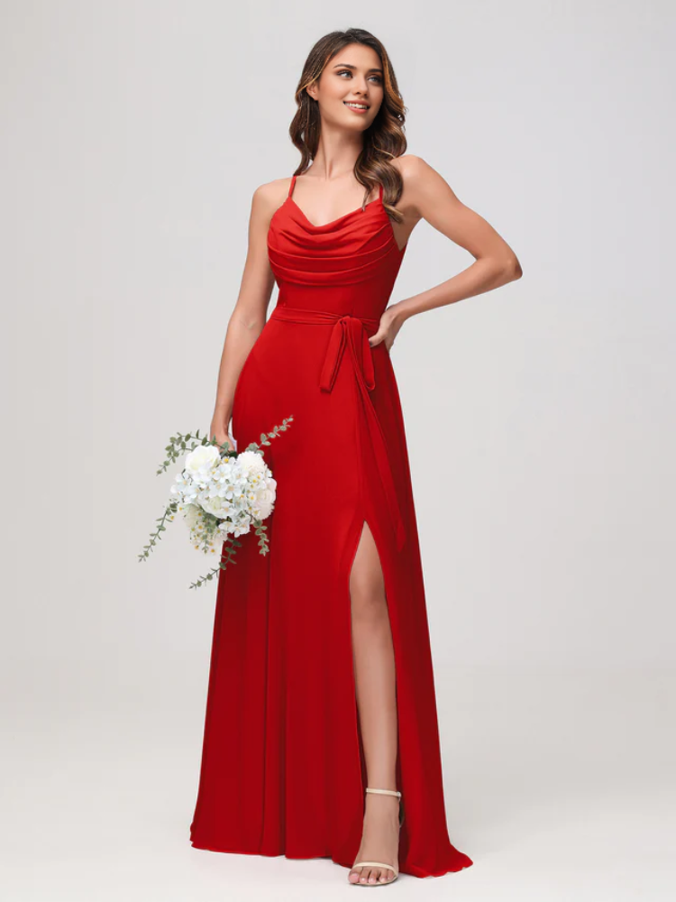 Olive Green Chiffon A-Line Floor-Length Dress with Cowl Neck and High Slit