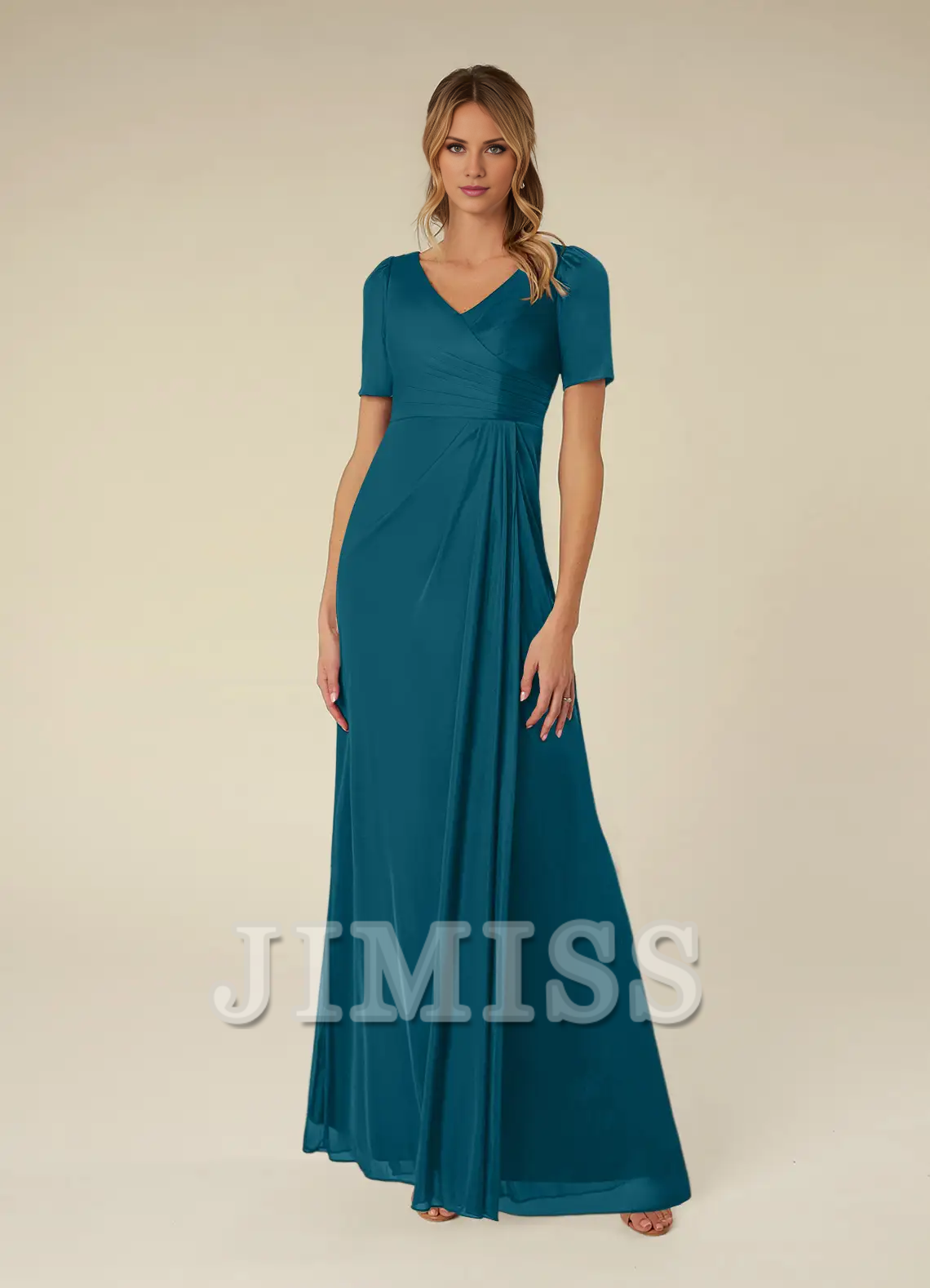 Abito da madre della sposa lungo fino al pavimento, a maniche corte, in rete plissettata, a trapezio