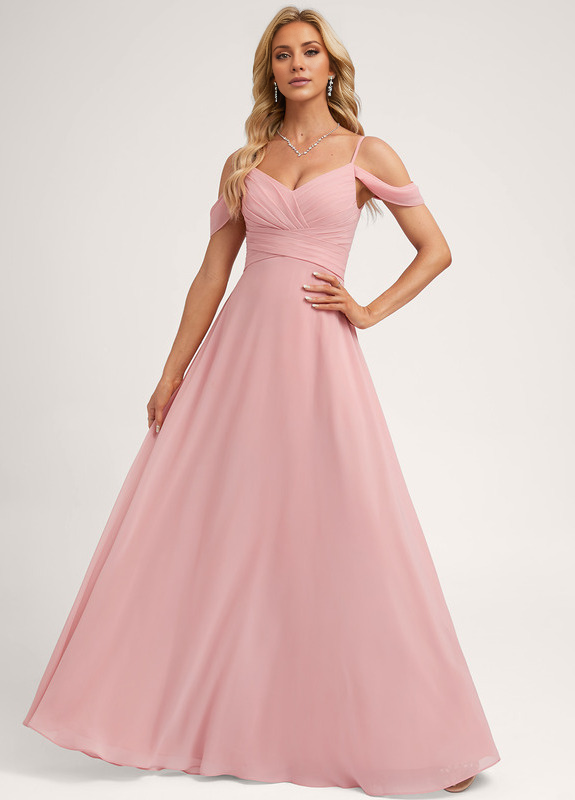 Abito da damigella d'onore in chiffon lungo fino a terra, con spalle scoperte e linea ad A