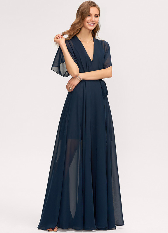 Abito da damigella d'onore in chiffon lungo fino al pavimento, con scollo a V e linea ad A