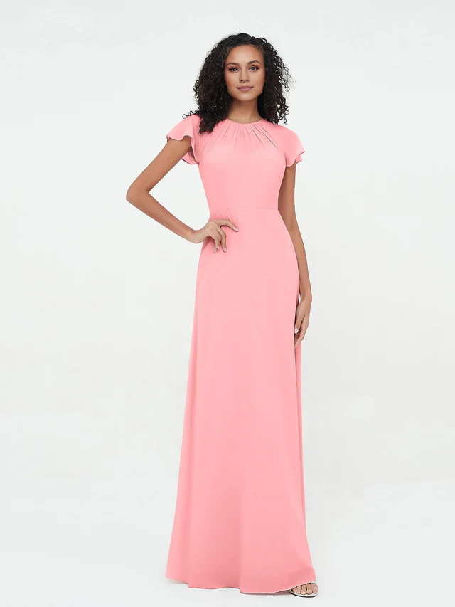 Chiffon Short-Sleeve Round Neck Ruched Bodice A-Line Floor-Length Bridesmaid Dresses