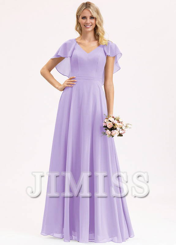 Vestido de dama de honor de gasa con escote en V, volantes escalonados y largo hasta el suelo