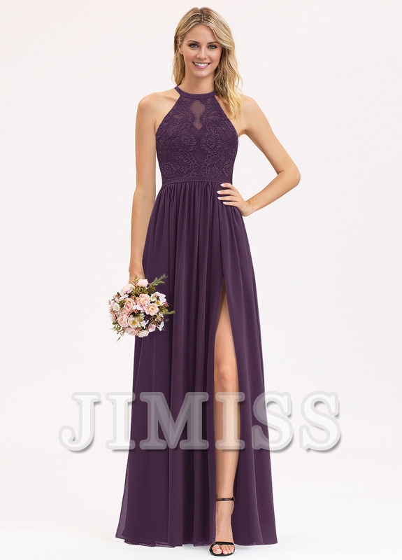 Abito da damigella d'onore in chiffon e pizzo, a trapezio, con scollo a barchetta e lunghezza al pavimento