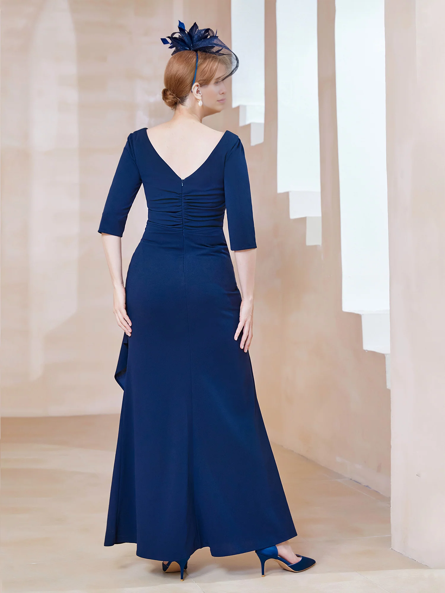 Dark Navy Crepe A-Line Floor-Length Evening Dress with V-Neck and Ruched Bodice
