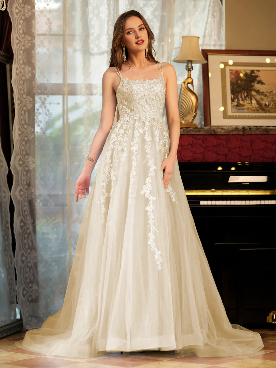 Sky Blue Floral Lace A-Line Floor-Length Bridesmaid Dress