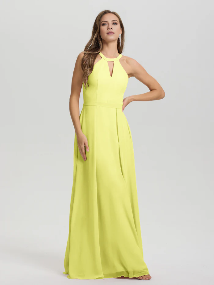 A-line keyhole collar sleeveless chiffon and floor length bridesmaid dress