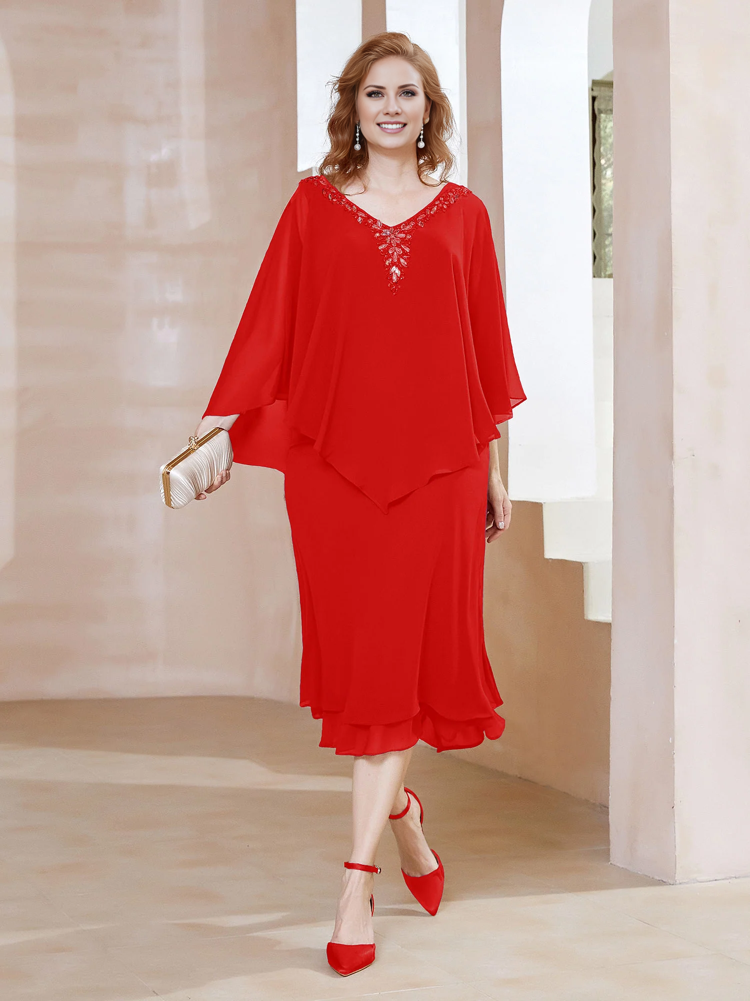 Olive Green Chiffon Knee-Length Dress with Cape Overlay & Beaded V-Neck