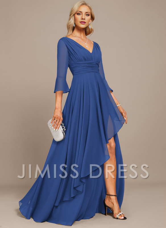 Stormy Chiffon A-Line Asymmetrical Bridesmaid Dress with V-Neck and Pleated Bodice