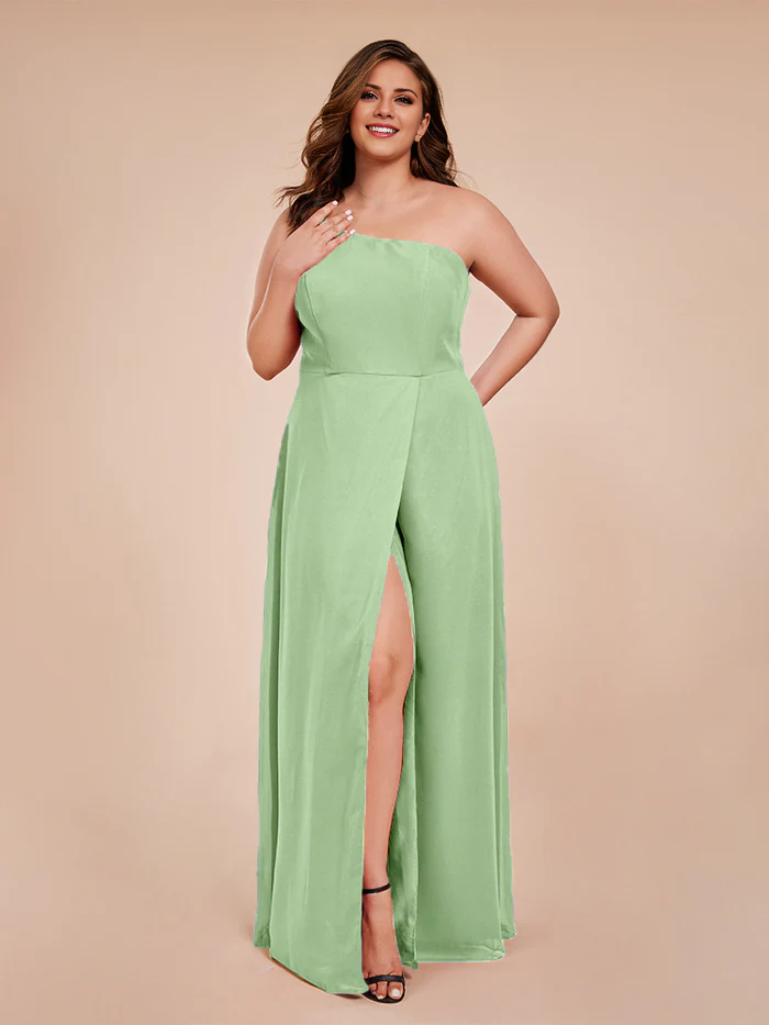 Plus size one shoulder side slit chiffon bridesmaid dress