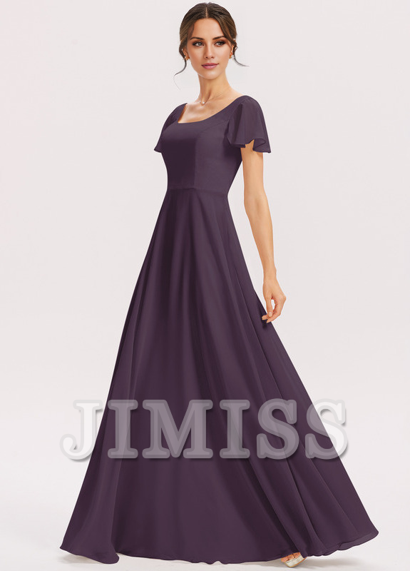 Vestido de dama de honor de gasa con volantes escalonados, corte A, cuadrado, largo hasta el suelo