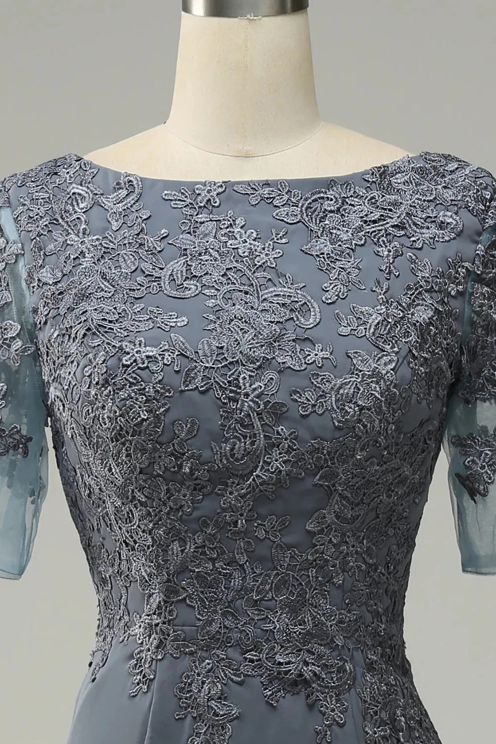 Slate Blue Crepe Mermaid Floor-Length Dress with Lace Bodice for Wedding Guests & Formal Events