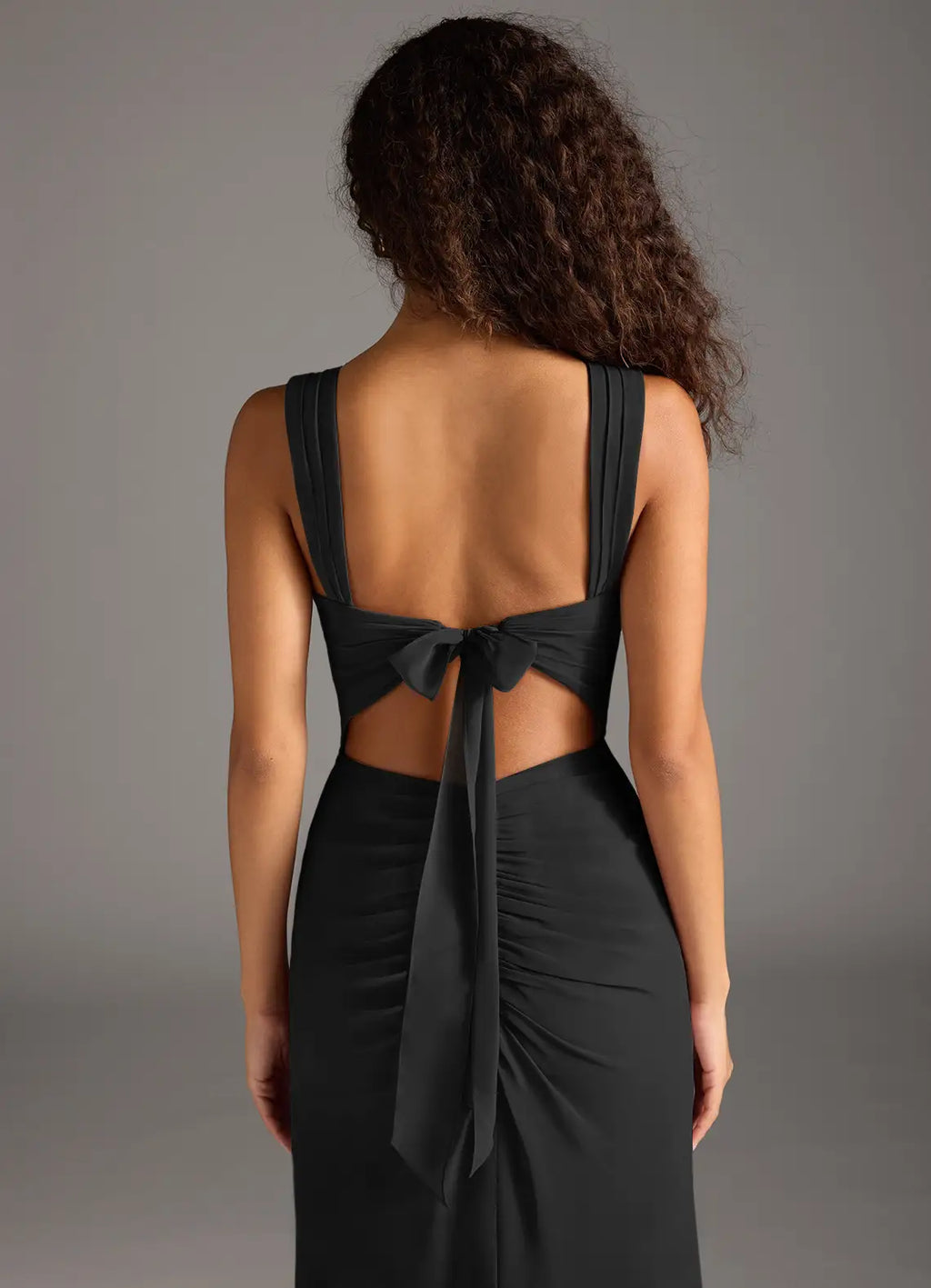 Black Chiffon A-Line Floor-Length Dress with Square Neck, Ruched Bodice & High Slit