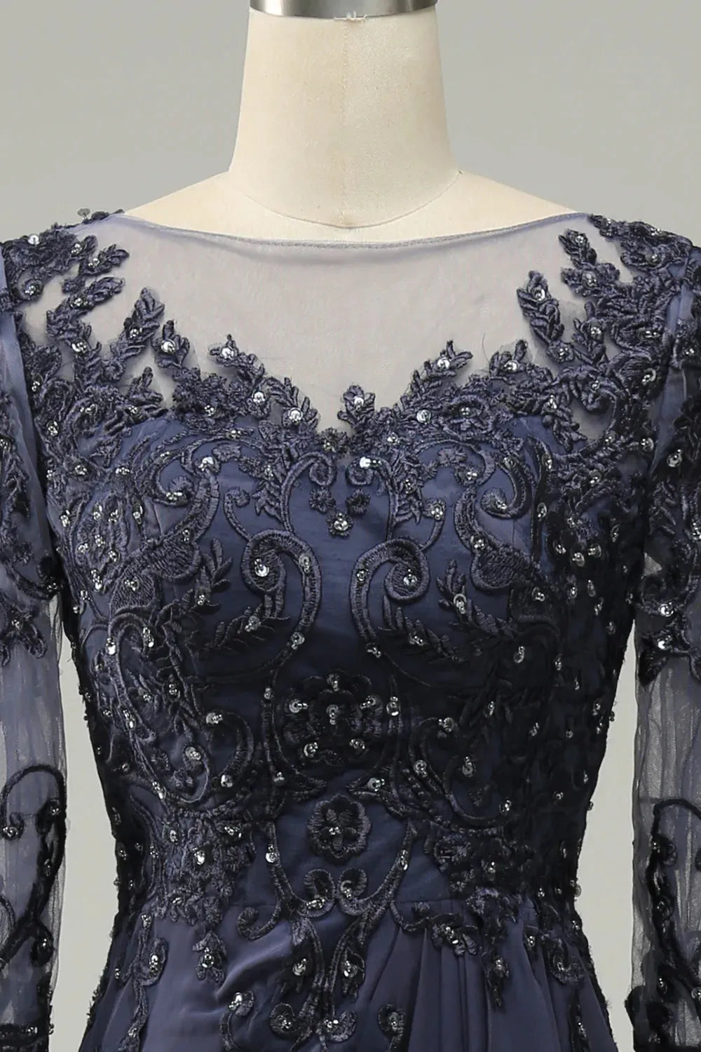 Dark Navy Chiffon A-Line Floor-Length Illusion Neck Lace Bodice Evening Dress