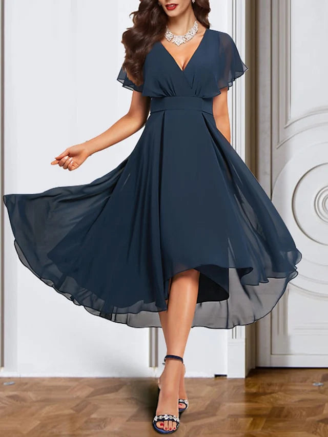 Vestido de madre de la novia de gasa con escote en V y manga corta, corte A/princesa