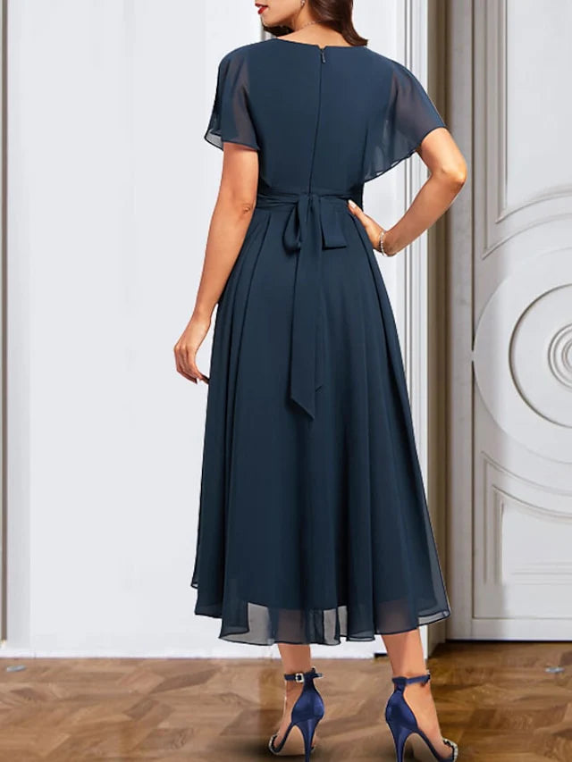 Vestido de madre de la novia de gasa con escote en V y manga corta, corte A/princesa