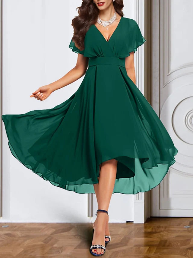 Vestido de madre de la novia de gasa con escote en V y manga corta, corte A/princesa