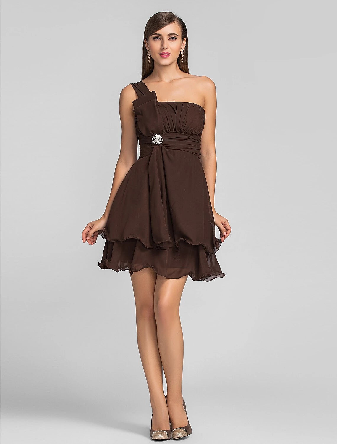 A-Line Cute One Shoulder Sleeveless Chiffon with Ruched Draping Crystal Brooch Short/Mini Homecoming Dress