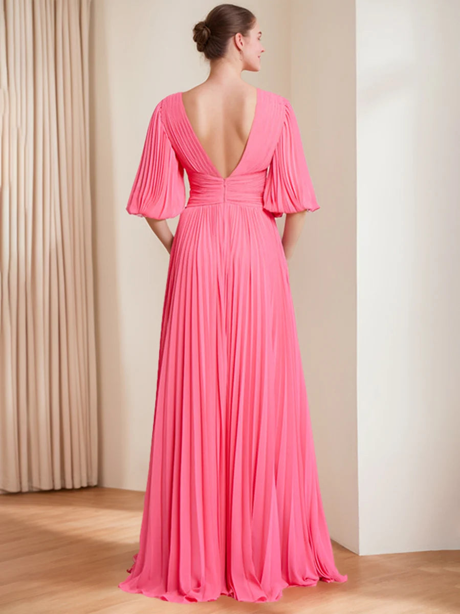 Pink Chiffon A-Line Off-the-Shoulder Floor-Length Evening Dress