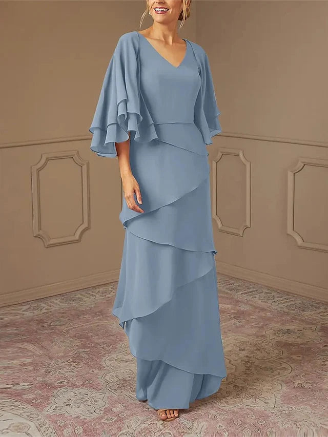 Dusty Blue Chiffon V-Neck Sheath/Column Floor-Length Evening Dress