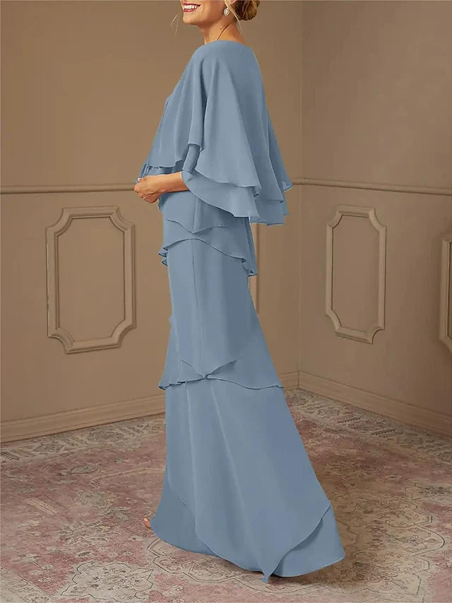 Dusty Blue Chiffon V-Neck Sheath/Column Floor-Length Evening Dress