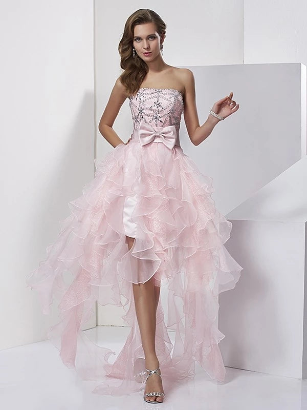 Vestidos de fiesta de organza con corte A/princesa, sin tirantes, sin mangas, con cuentas y corte alto bajo
