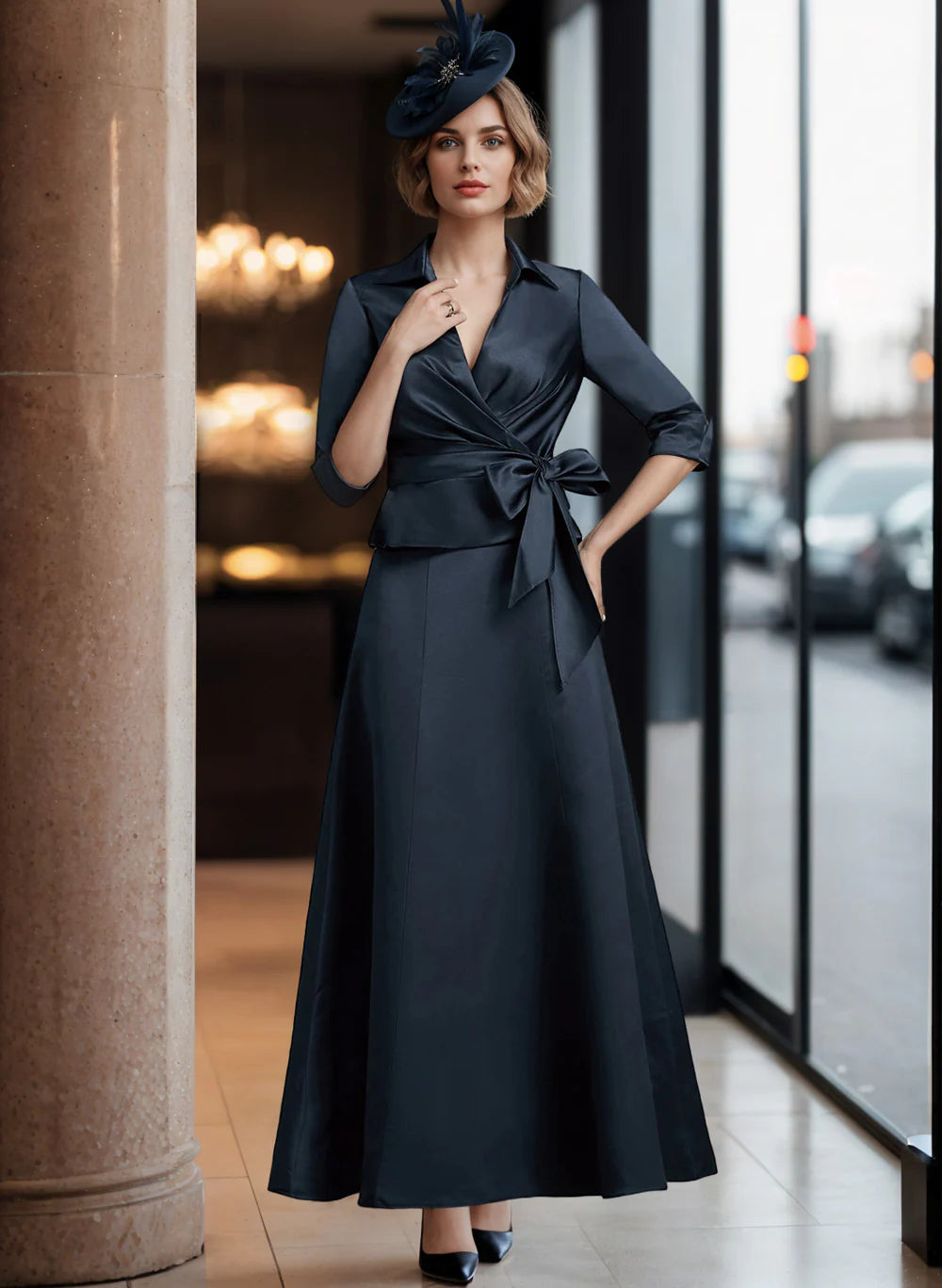 Dark Navy Satin A-Line Midi Dress with V-Neck Wrap Bodice