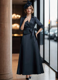 Dark Navy Satin A-Line Midi Dress with V-Neck Wrap Bodice