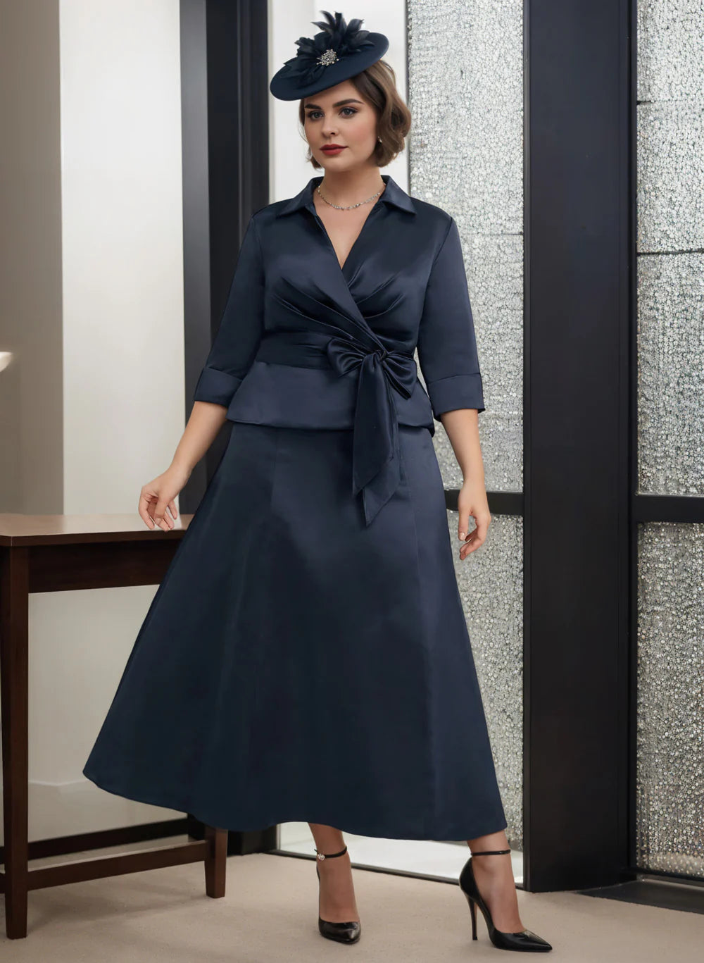 Dark Navy Satin A-Line Midi Dress with V-Neck Wrap Bodice