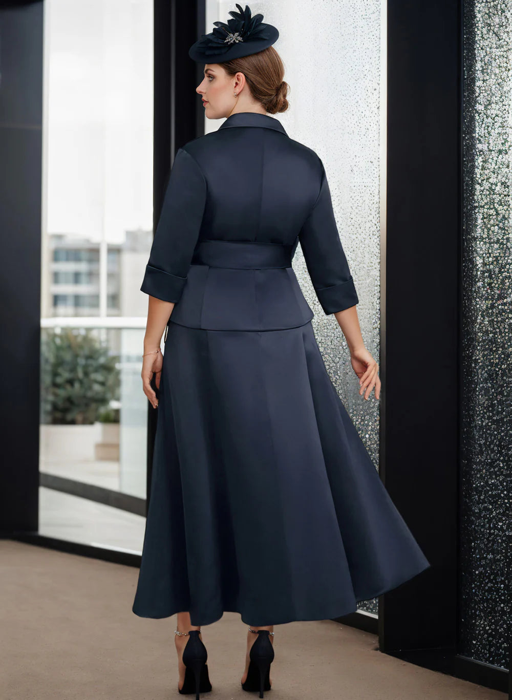 Dark Navy Satin A-Line Midi Dress with V-Neck Wrap Bodice