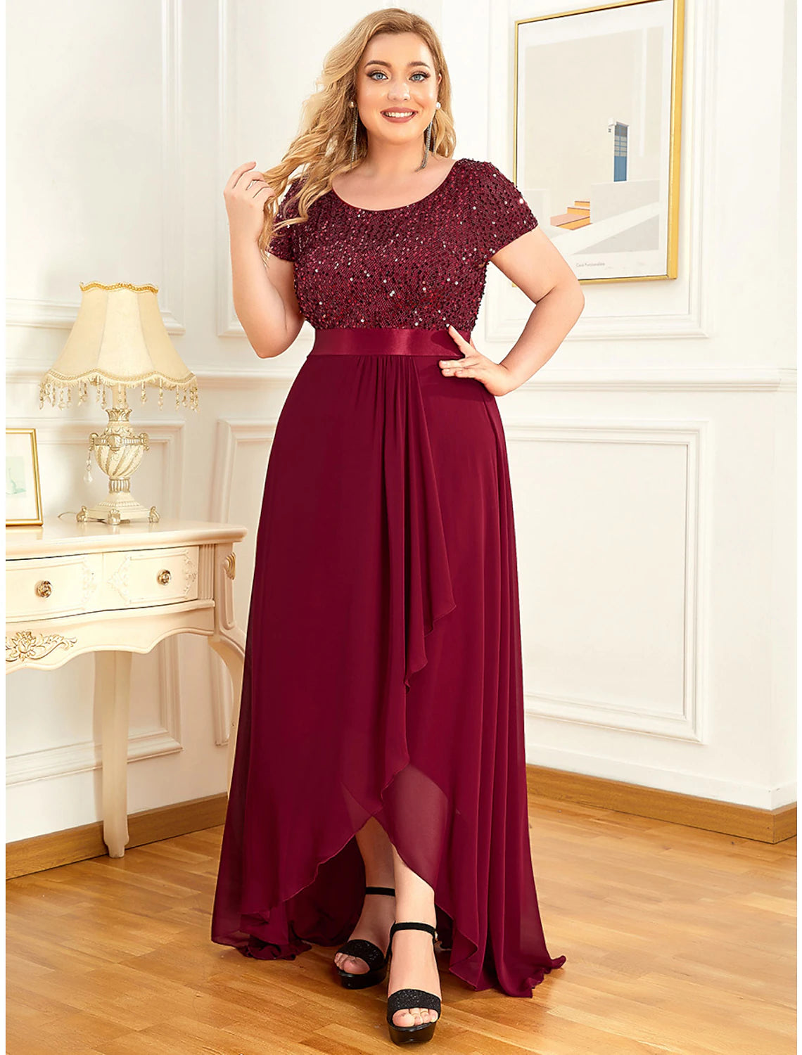 A-Line Plus Size Elegant Jewel Neck Short Sleeve Asymmetrical Chiffon with Sequin Homecoming Dress