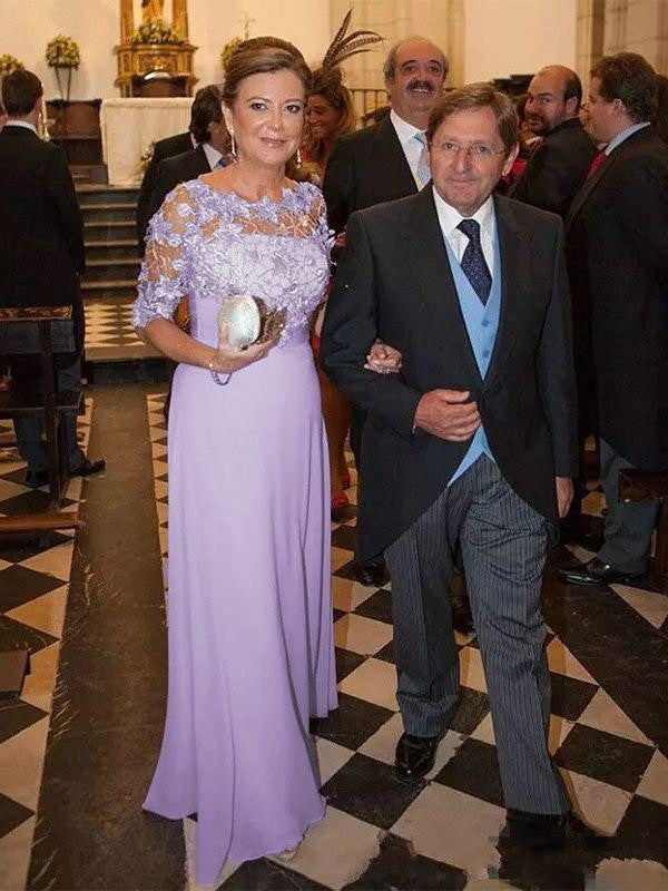 Vestidos para madre de la novia de corte A/princesa, de gasa, con apliques, escote redondo, mangas 1/2 y largo hasta el suelo