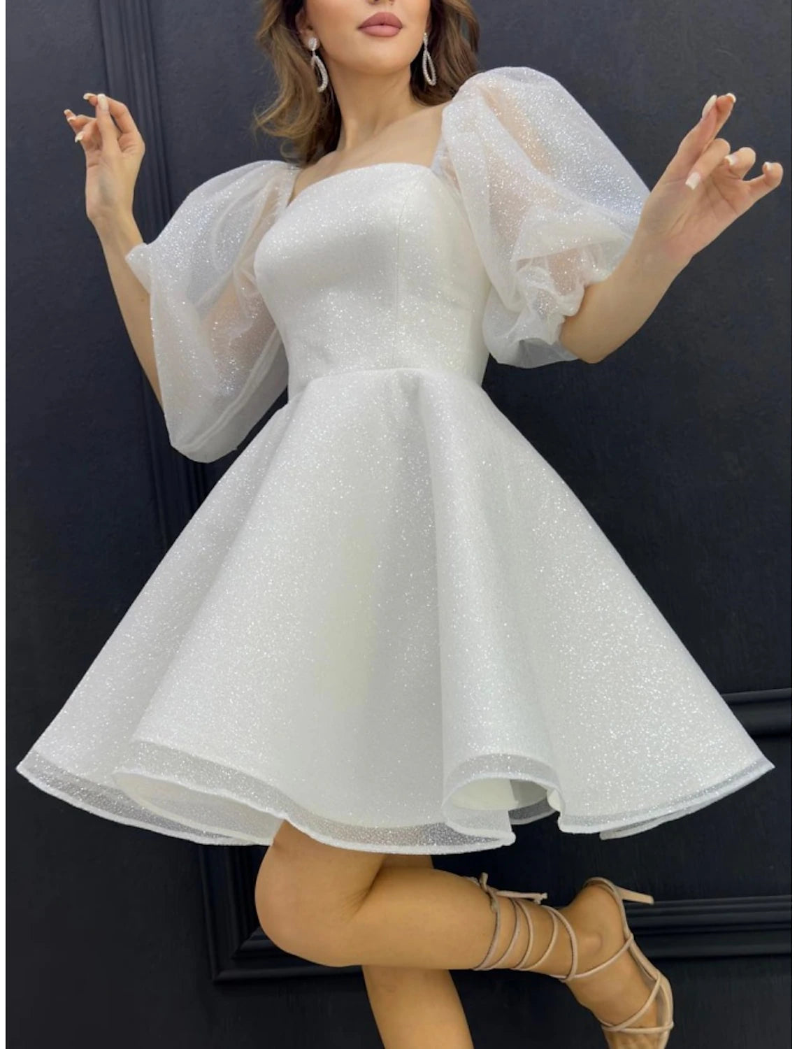 A-Line Sparkle Half Sleeve Square Neck Sequined with Glitter Pleats Short/Mini Homecoming Dresses